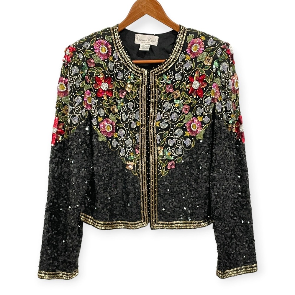 Laurence Kazar Silk Beaded Sequin Floral Crop Jacket Size L Evening Maximalist